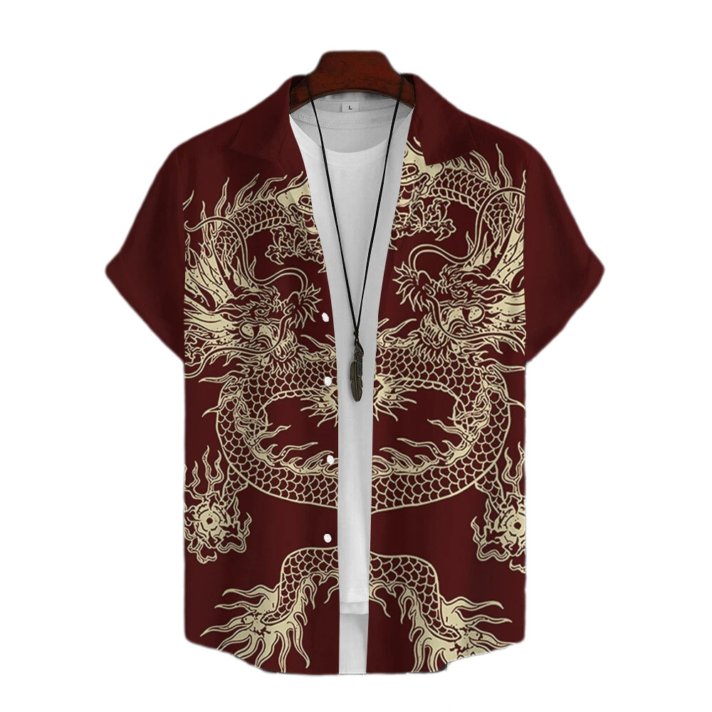 Chinese trend short-sleeved T-shirt, Tang suit, Chinese style, cross-border Chinatown dragon pattern, 3D printed red shirt for the zodiac year Application Scenario