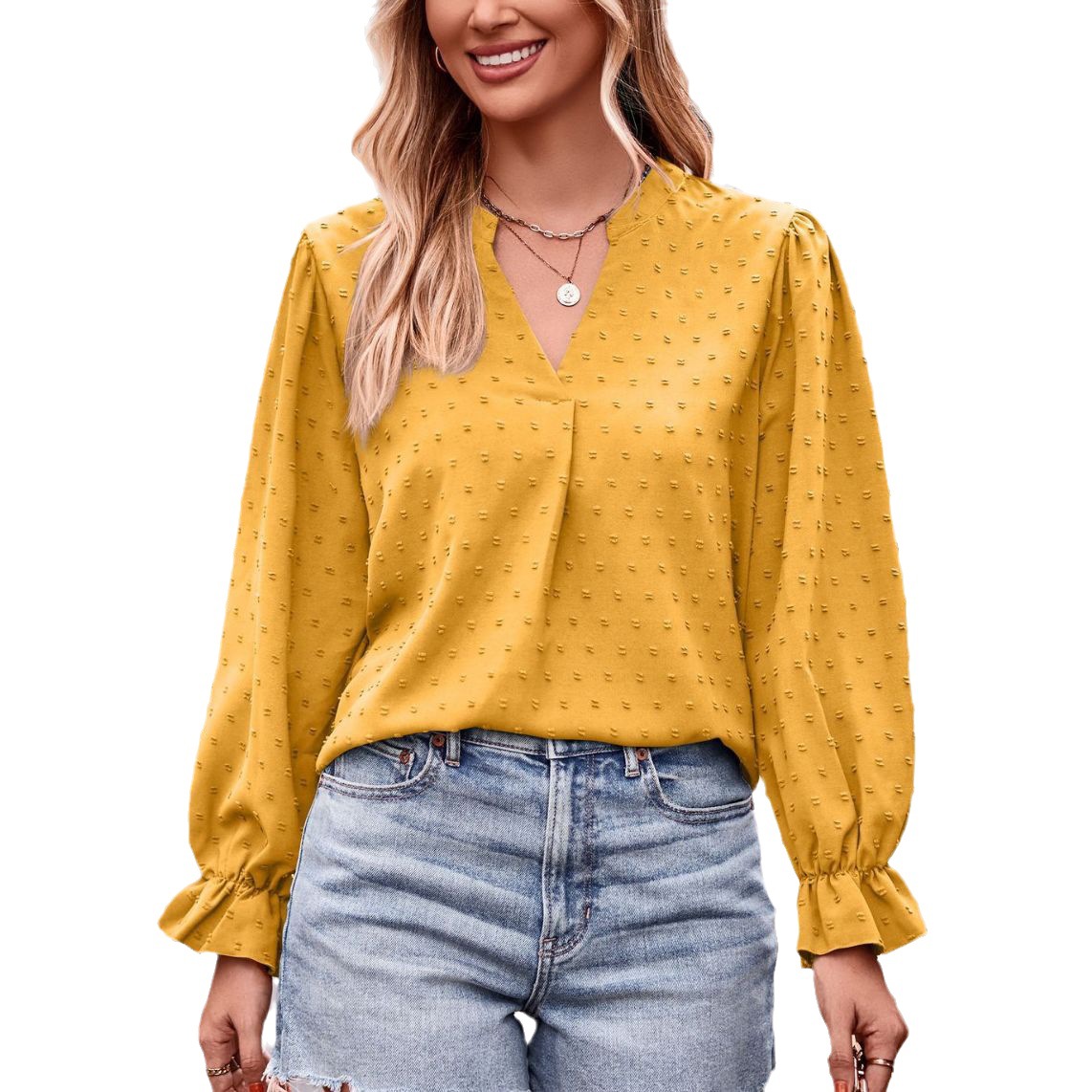 New autumn 2023 European and American foreign trade women's clothing Amazon jacquard T-shirt V-neck loose long-sleeved umbrella sleeve top Specification image
