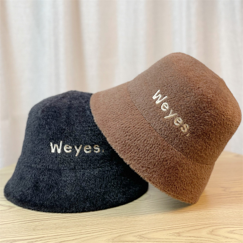 New Hat For Women Autumn-Winter Plush Warm Fisherman Hat Embroidered Letter Mink Hair Top Hat Cover Face Bucket Hat Basin Hat details Picture