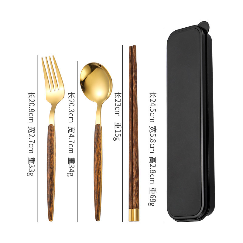 Stainless Steel Portable Tableware Creative Imitation Wood Grain Fork Spoon Chopsticks Portuguese Spoon Fork Chicken Wings Wooden Chopsticks Three-Piece Set Item Picture