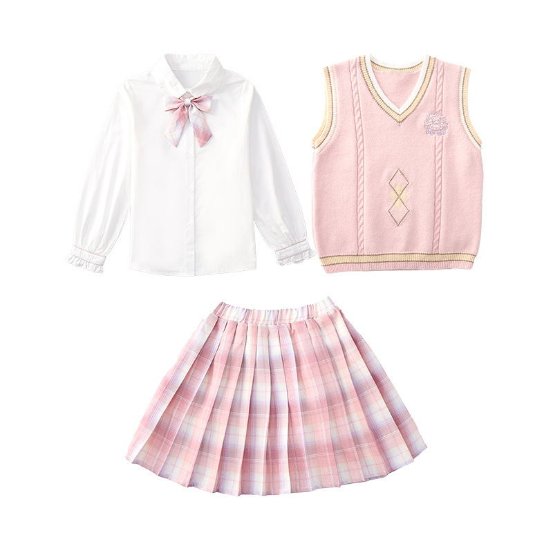 The 2022 Spring New Girls' Set for autumn, featuring a stylish Korean-style sweater, vest, JK shirt and skirt Item Picture