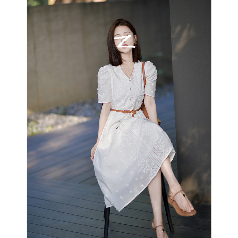 夏装2022新款优雅仙女棉裙子港味设计气质法式白色蕾丝收腰连衣裙