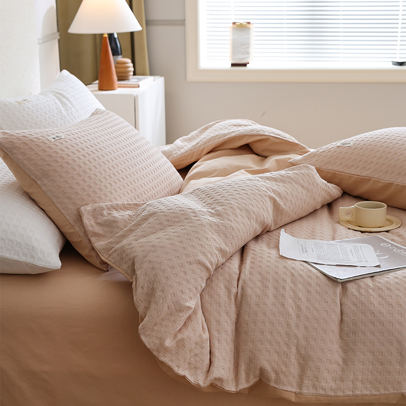 58N Simple Plain Waffle Wash Cotton 4-Piece Set 40S Pure Cotton Bedding Dormitory 3-Piece Set