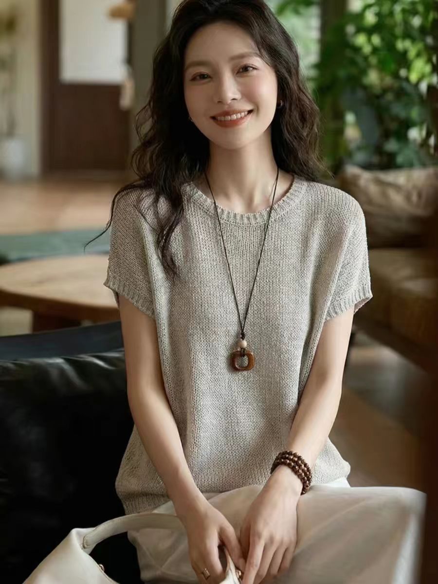 Cool and refreshing Tencel linen summer new knitted short-sleeved T-shirt for women, new round neck loose and breathable thin top for summer pic 7