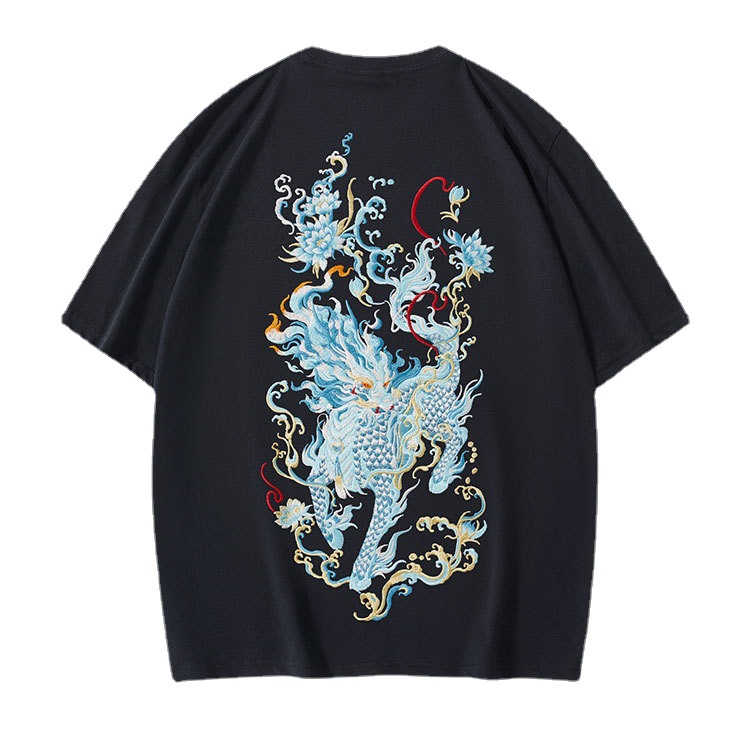Summer new Qilin Heavy Industry embroidered pure cotton short-sleeved T-shirt for men, loose and large-sized casual Chinese trend brand round-neck shirt Item Picture