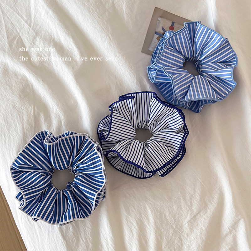 韩式蓝色条纹双层大肠发圈女时尚低马尾发绳学院风头绳皮筋头饰品