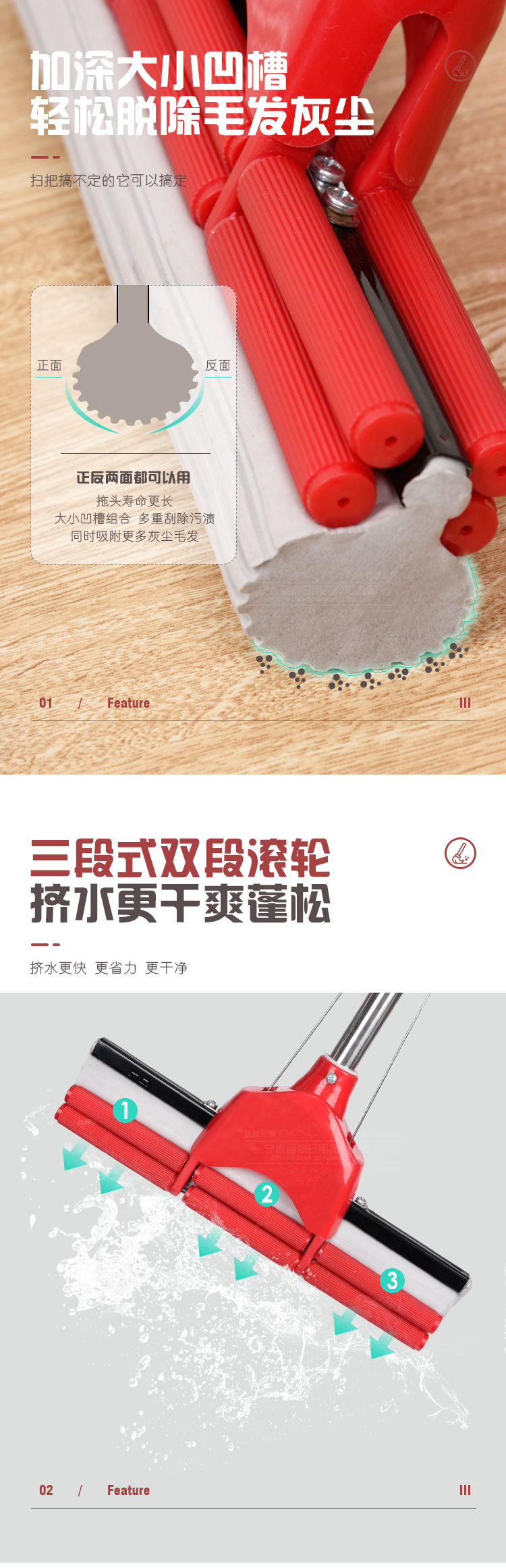 LIAO免手洗大号胶棉拖把双排滚轮海绵拖头不锈钢伸缩杆家用地拖清洁神器详情4