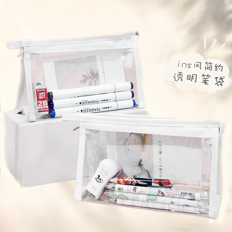 PVC waterproof pen bag large capacity simple Macaron color storage bag for primary school students transparent ins high appearance level storage bag details Picture