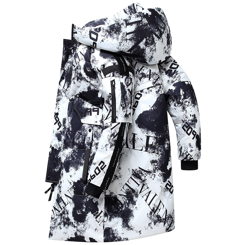 Cross-border winter men's hooded mid-length jacket, trendy thickened winter white duck down down jacket, versatile for boys and teenagers Item Picture