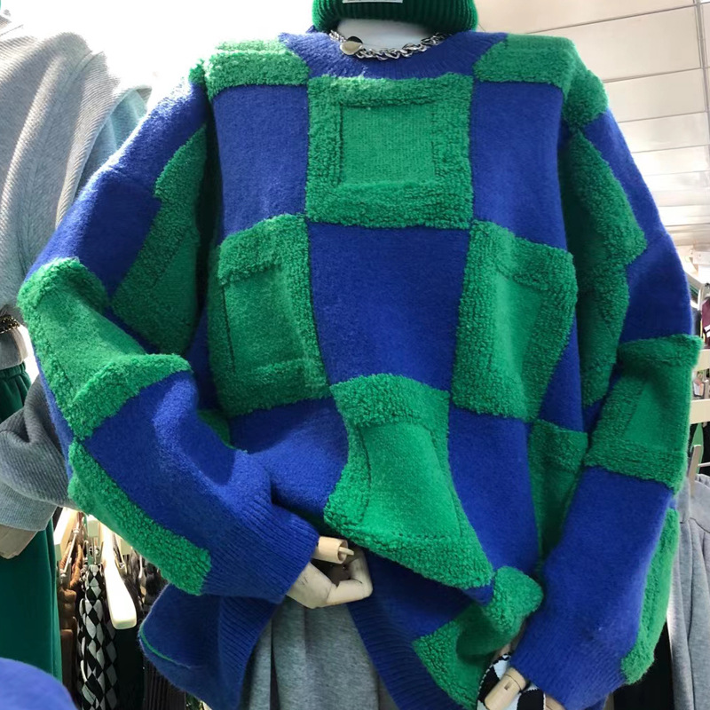 秋冬新款撞色针织衫大格子慵懒风毛衣女宽松针织衫女装