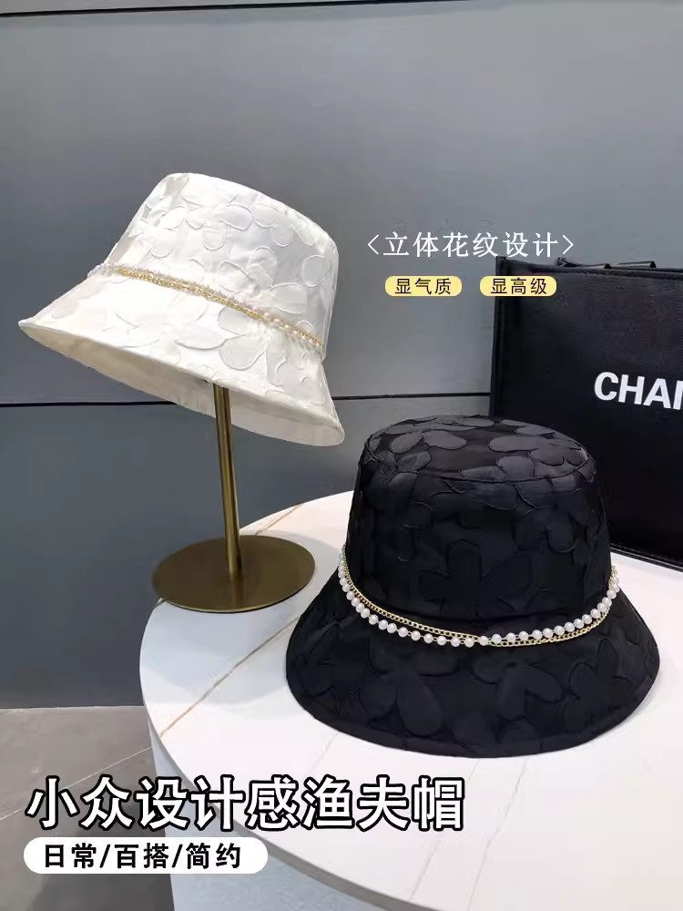 Design-sense pearl chain fisherman's hat, women's spring and autumn sunshade and sun protection hat, fashionable flower face-enhancing small basin hat