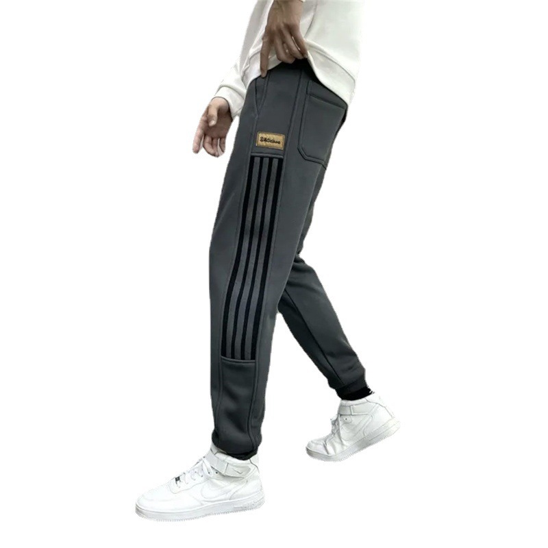 Men's 2024 autumn and winter sweatpants with fleece and thickened cuffs, three-bar casual sweatpants, loose Harem pants, and tight-fitting men's pants Item Picture