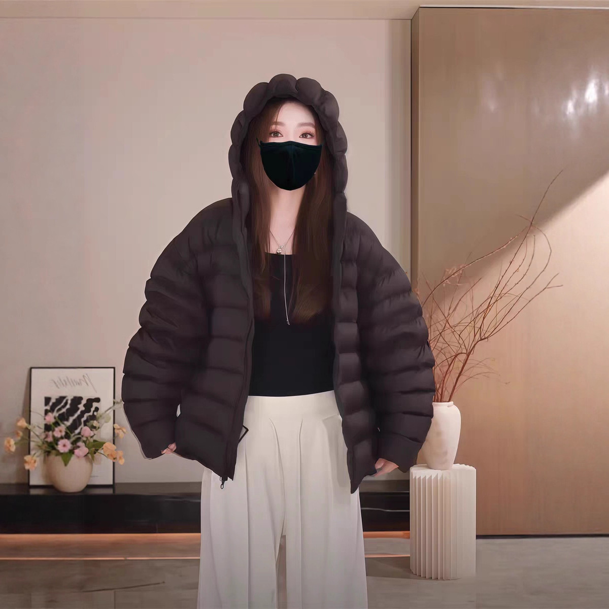 2025 Winter new rib down jacket for women, light and thin cream puffs, short white duck down warm hooded coat for petite women Application Scenario