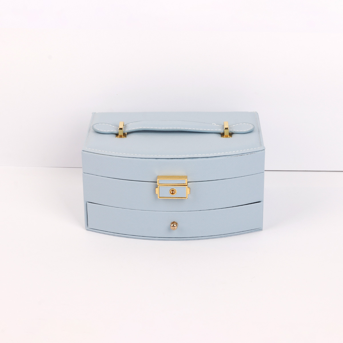 新款PU开窗双层首饰收纳盒项链耳饰手提精致饰品盒带镜抽屉首饰箱详情6