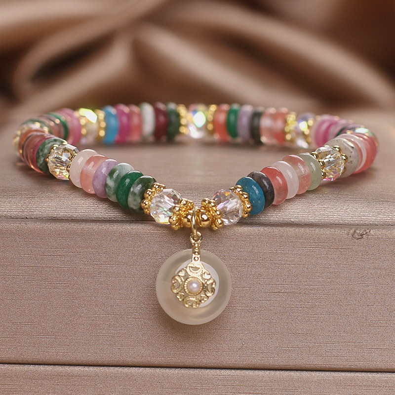 天然石彩色串珠水晶手链女2024新款轻奢小众高级感平安扣吊坠手串
