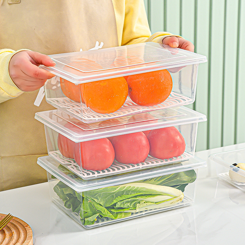 Kitchen draining fresh-keeping box, plastic fish box, seafood and vegetable rectangular refrigerator refrigeration anti-odor-mixing storage box manufacturer, 28*20.5*9