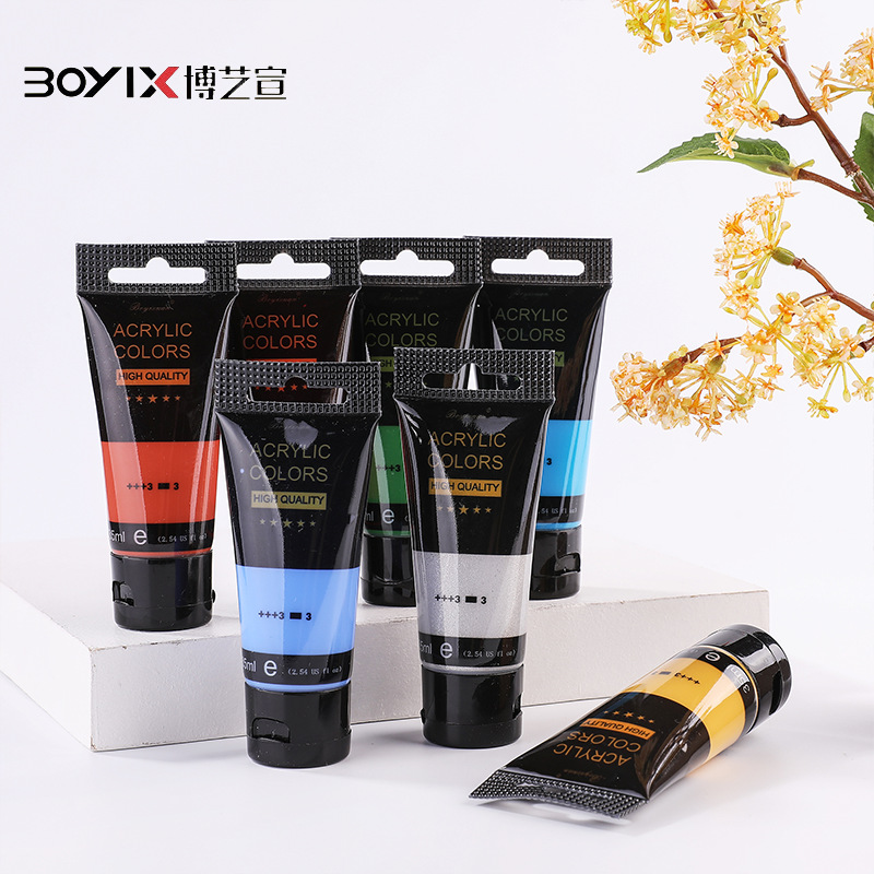Boyi Xuan 24-color 35ml waterproof, 34 pieces passed inspection, Children's art hand-drawn set with paintbrush, acrylic paint details Picture