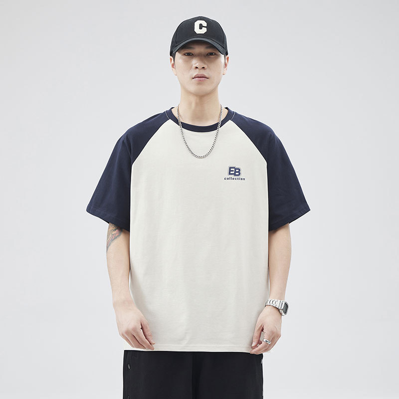 夏季新款棉质潮流宽松插肩拼色舒适落肩T恤男士时尚百搭休闲上衣