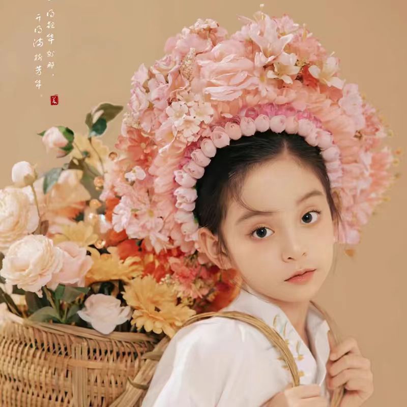 Children's Photography Props Hairpin Flower Headgear Double-Sided Silk Flower Hair Hoop Hanfu Accessories With Artificial Flower Handmade Hair Accessories details Picture