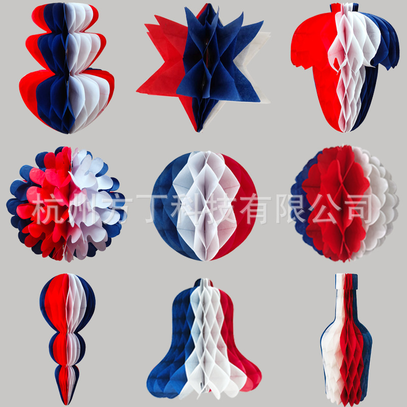 跨境智利商超外贸红蓝白纸制品装饰异形蜂窝球纸扇花纸拉花装饰