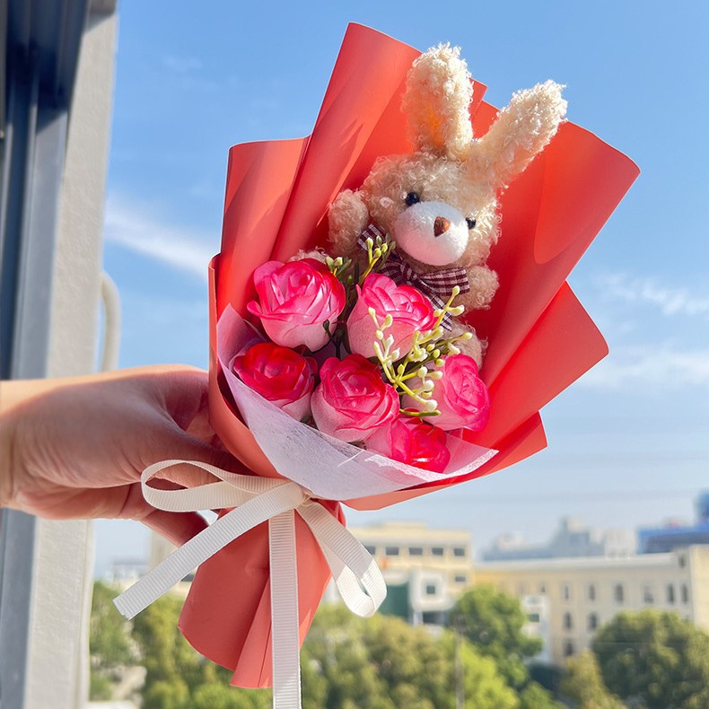 国潮兔子玩偶玫瑰花束七夕情人节礼物闺蜜生日香皂花送女生老师