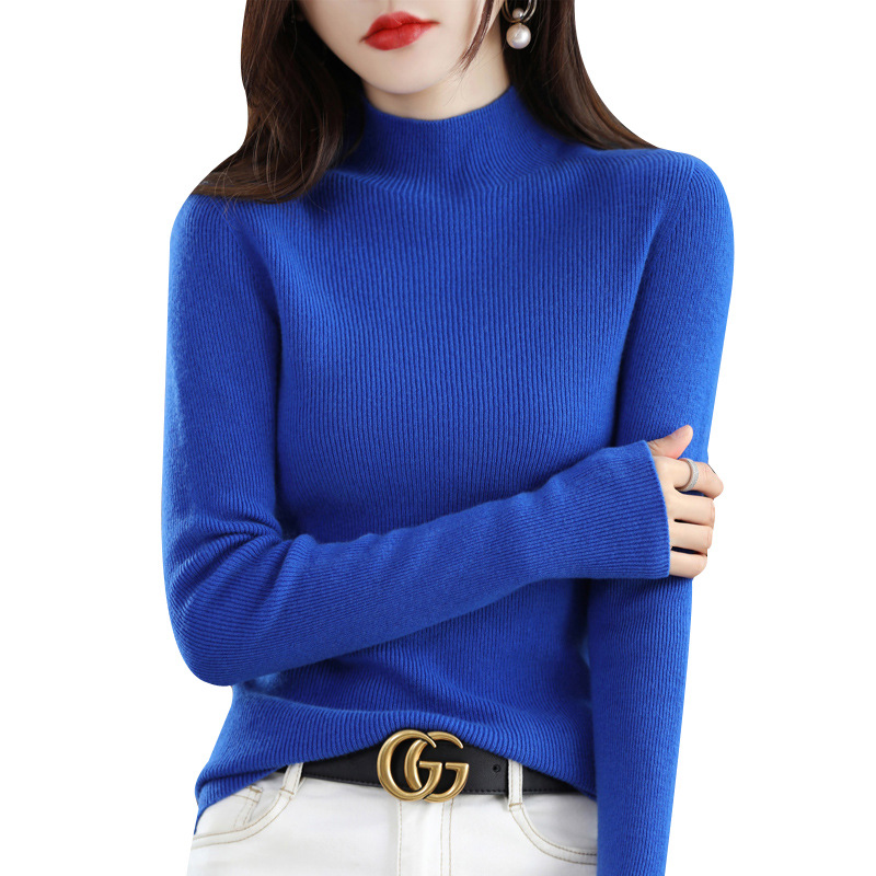 Semi-high neck 100% wool sweater for women, 2023 new winter slimming and versatile base layer, long-sleeved knitted top for women Item Picture
