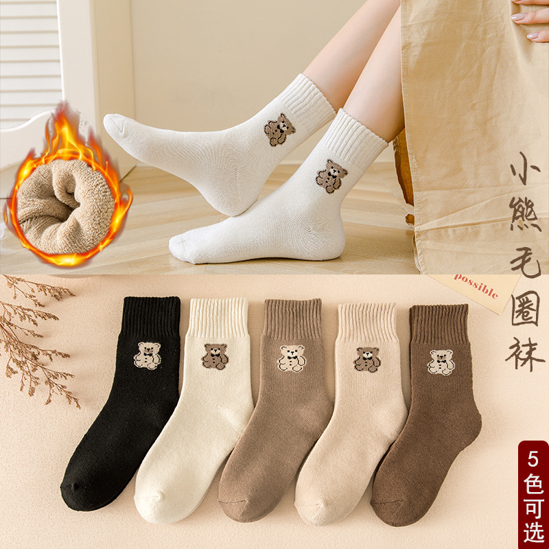 袜子女秋冬加厚保暖毛圈袜加绒毛巾袜日系女士地板袜中筒棉袜批发
