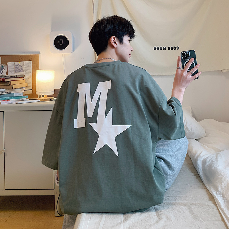 High-quality men's T-shirt, summer Hong Kong-style loose pure cotton short-sleeved T-shirt, couple style, simple and versatile five-quarter sleeve top