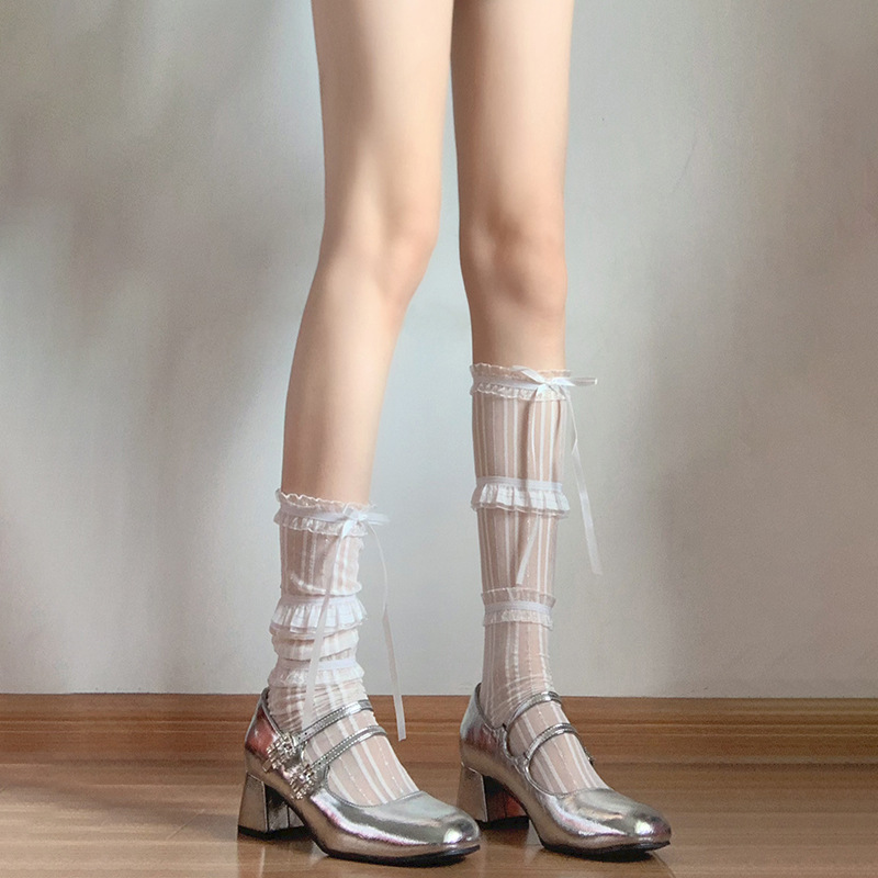Ballet-style white lace stockings, lace bow calf socks, long jk socks with Mary Jane shoes and socks, summer thin style details Picture