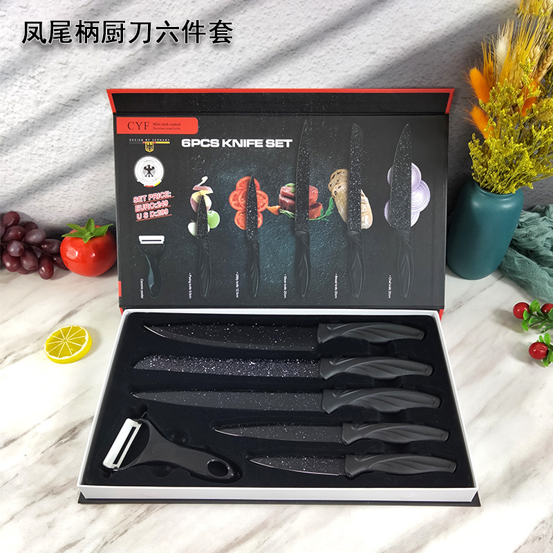 Foreign Trade Non-Stick Spray Paint Knife Tail Handle 6-Piece Knife Black Spray Point Chef Meat Cutter Bread Knife Gift Set details Picture