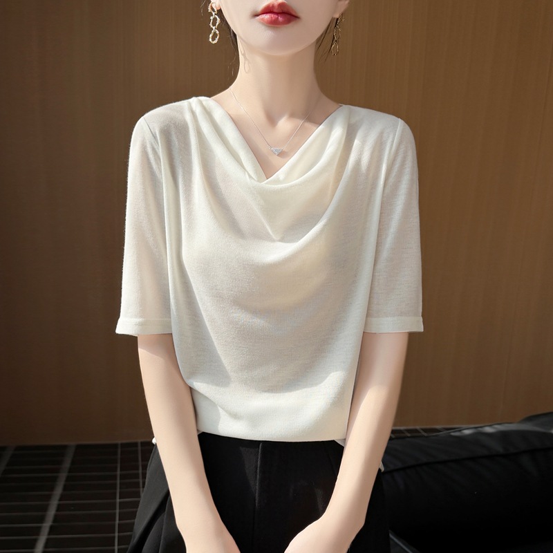 French smooth satin lapel short-sleeved women's top, slimming, versatile pullover, high-end T-shirt, knitted sweater, thin base