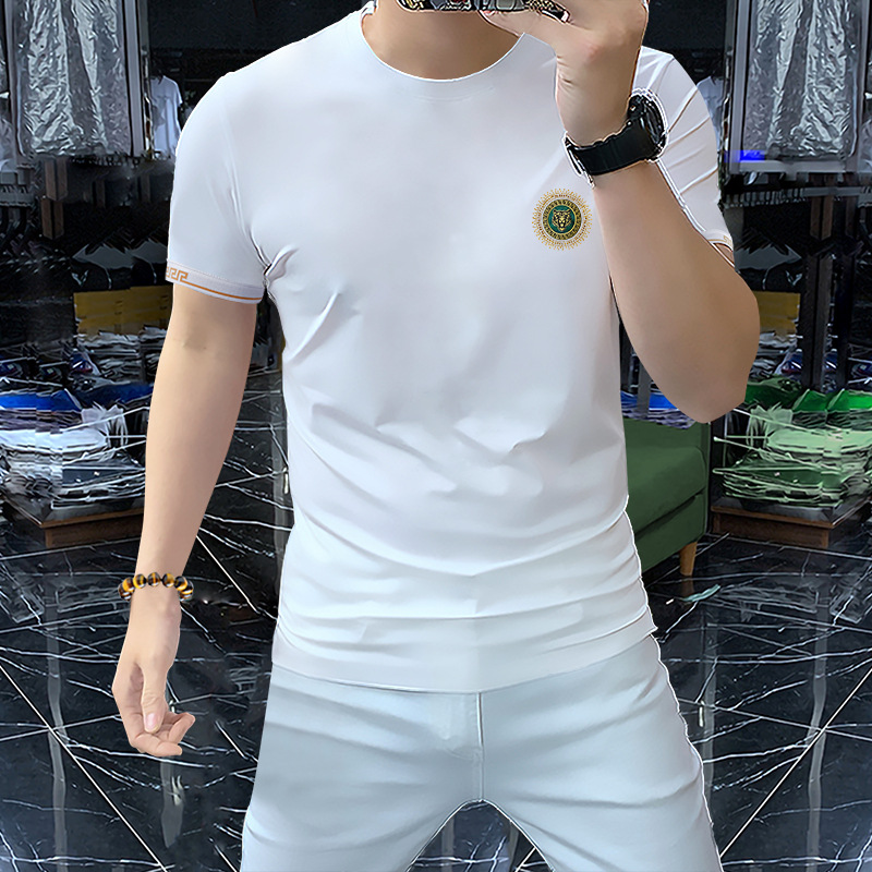 Men's summer new ice silk short-sleeved T-shirt, rhinestone tiger head casual top, breathable and slimming men's half-sleeved trendy T-shirt details Picture