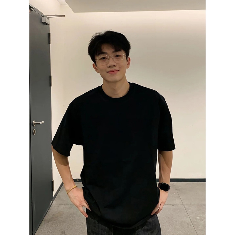 黑色重磅正肩t恤美式复古少年感纯棉短袖男夏季小领口内搭五分袖