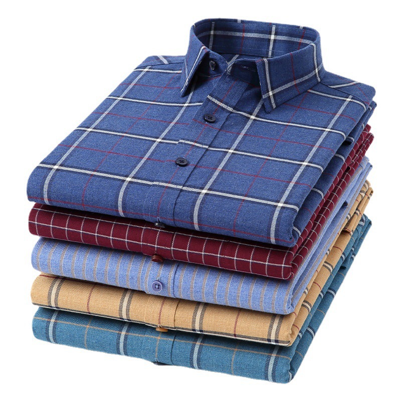 New men's long-sleeved thickened plaid shirt, pure cotton brushed plaid business casual shirt, large size one-piece consignment Item Picture