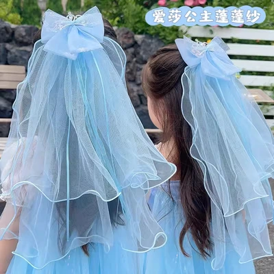 Children's Hairpin Elsa Princess Bow Delicate Veil Crown Baby Birthday Flower Child Wedding Dress Girls Hair Accessories