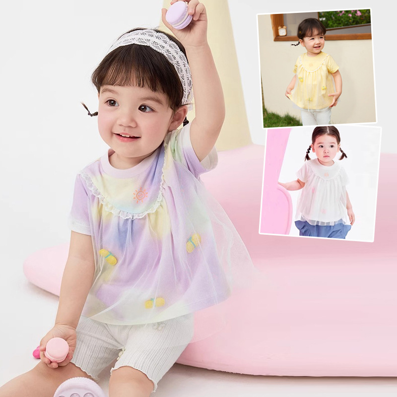 批发童装2025女童网纱t恤中小宝宝新款夏季短袖纯棉外穿上衣甜美