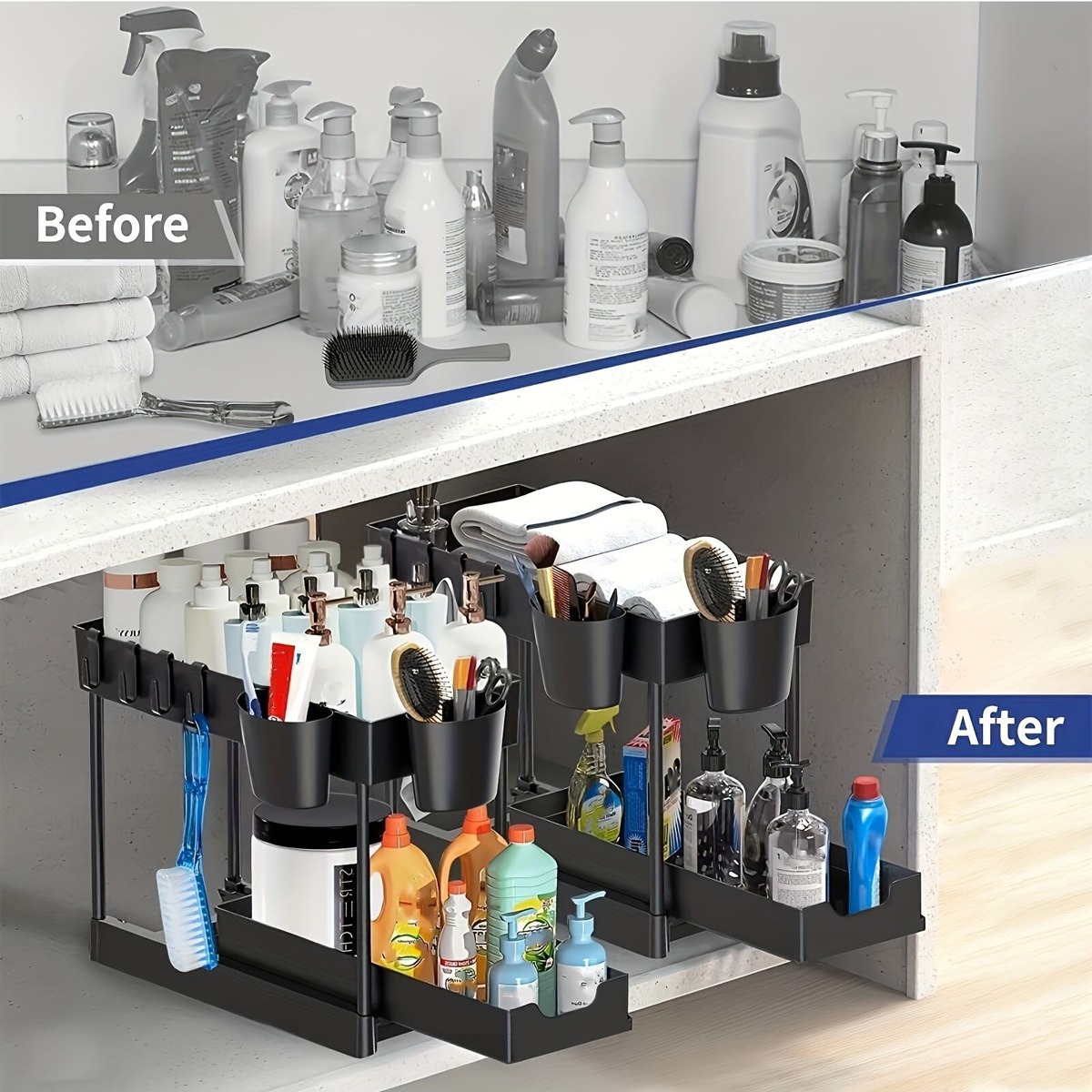 Kitchen sink storage rack, countertop pull-out organization rack, bathroom storage rack, easy-to-disassemble, clean and storage rack