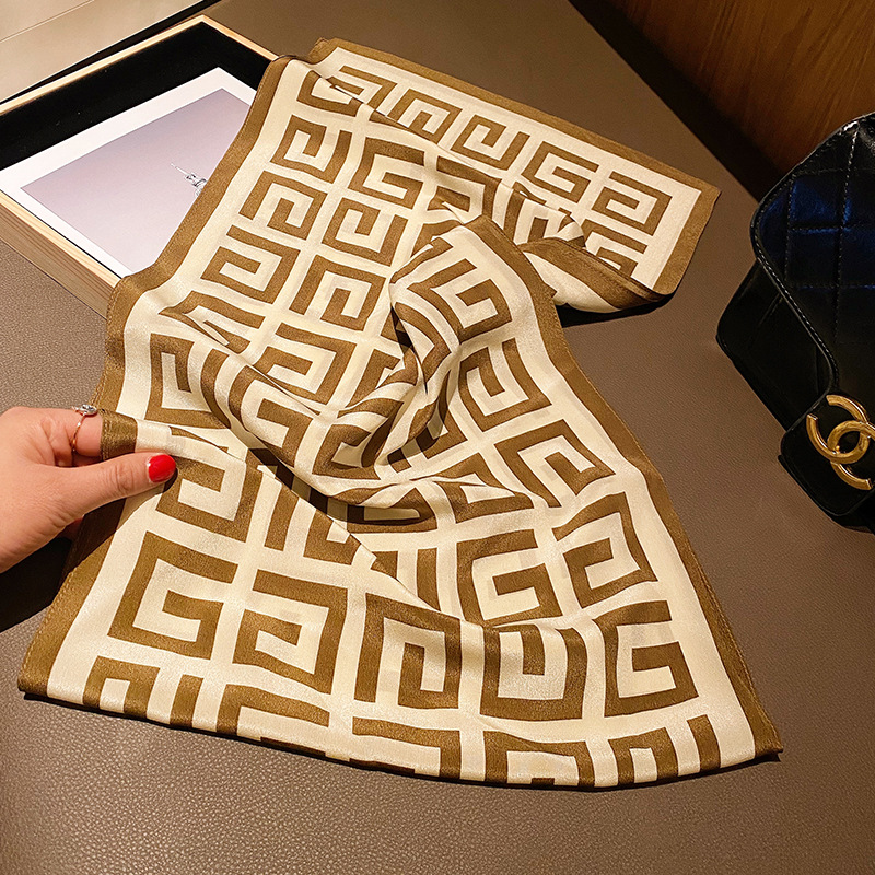 Fashionable Coffee Edge Back Word Pattern Silk Long Scarf Spring Summer Fresh Simple Temperament 100% Mulberry Silk Scarf Scarf details Picture