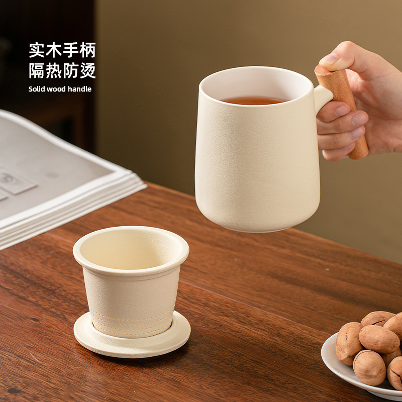 Simple tea-water separation cup, mug, household with lid, filter, personal special wooden handle, ceramic office tea brewing cup Specification image