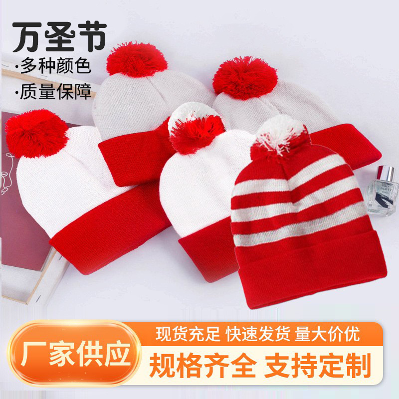 Cross-border exclusive wool knitted hats, decorative woolen Christmas hats, Halloween knitted hats, color-blocked red and white hats in stock