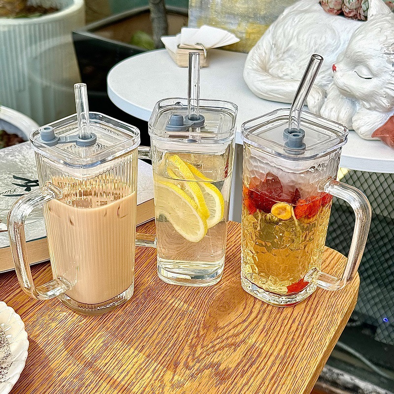 透明带把手玻璃水杯 高颜值夏季果汁杯条纹带盖吸管杯子方玻璃杯