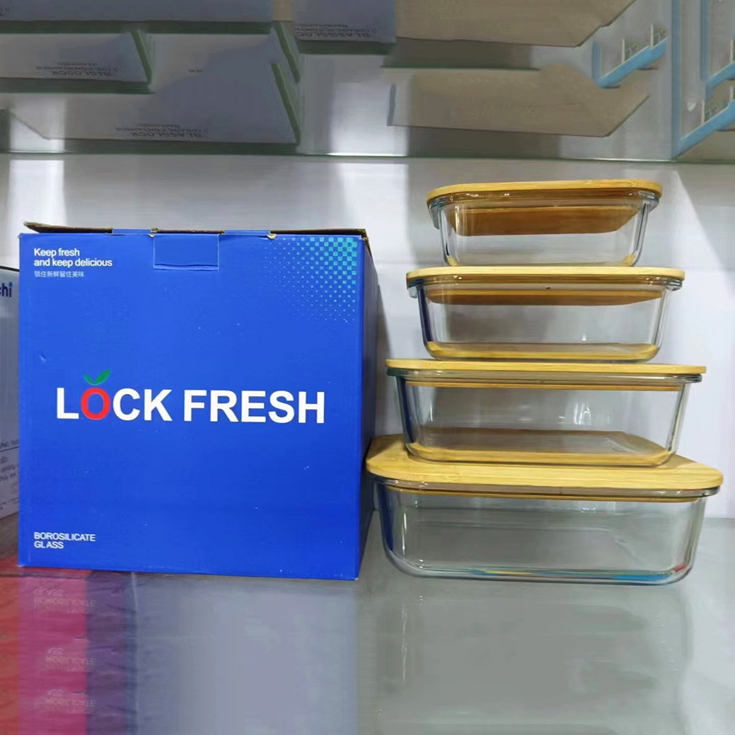 Rectangular Glass Crisper Square Bamboo And Wood Cover Lunch Box Round Lunch Box With Stomata 4-Piece Set Rs-201878 Specification drawing