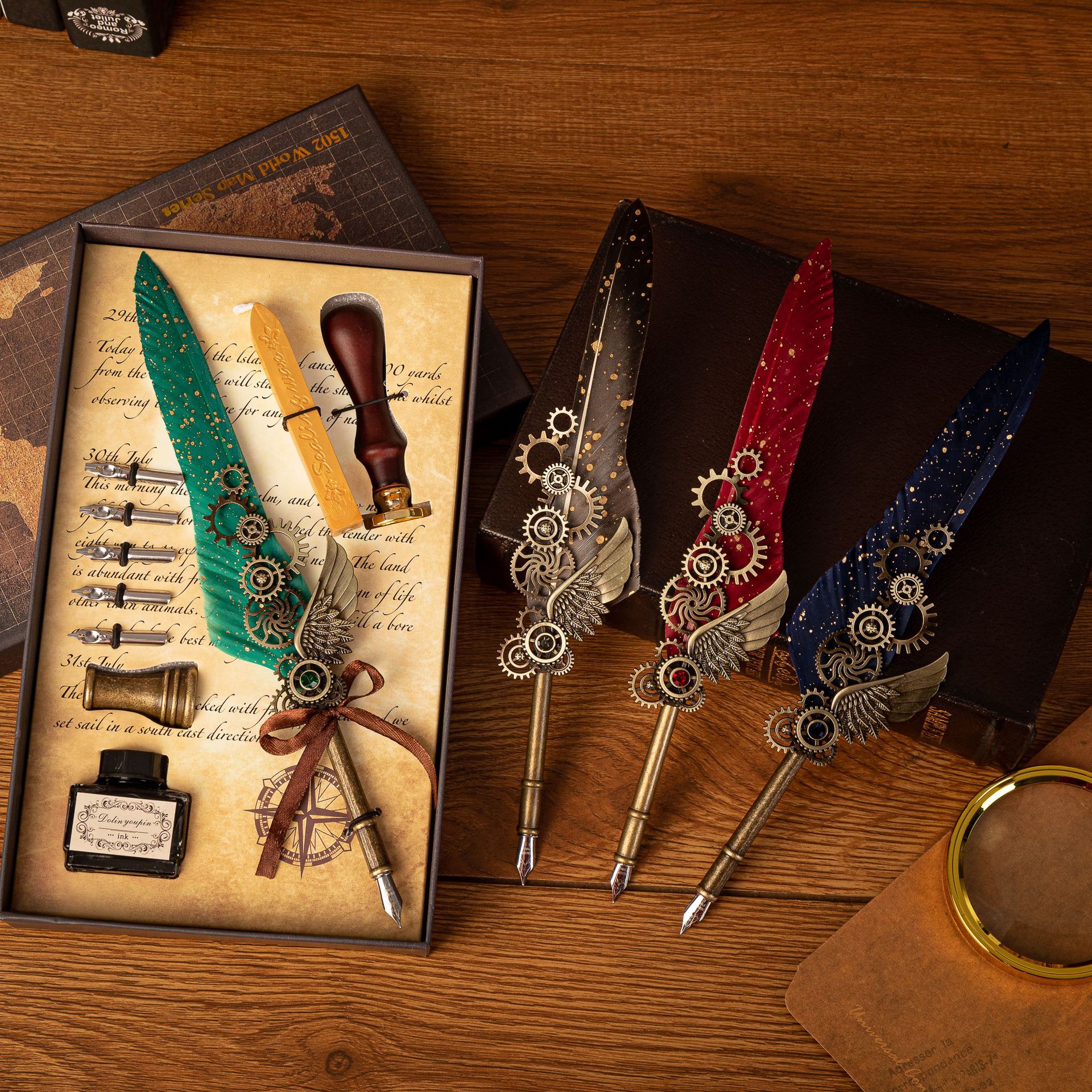 Gold-plated quill pen mechanical quill pen set gear punk style quill pen dip pen wing quill pen set Application Scenario