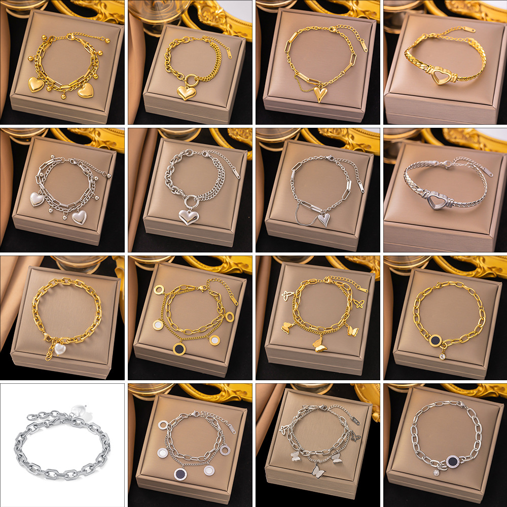 【 Titanium Steel bracelet in gold + Steel Color 】2024 best-selling cross-border wholesale retro heart-shaped double-layer bracelet from Europe and America