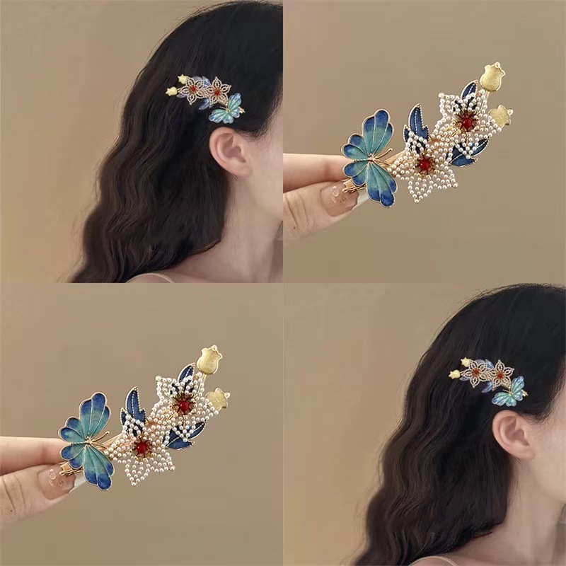 国潮国风新中式烧蓝蝴蝶花朵发夹汉服明制宋制边夹发卡古风盘发发饰夹子女