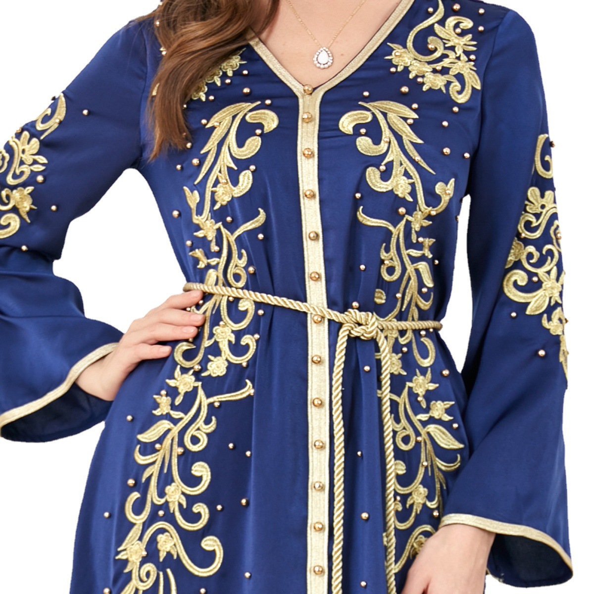 3299muslim中东女装阿拉伯服饰新款V领跨境长袖欧美外贸连衣裙详情图5