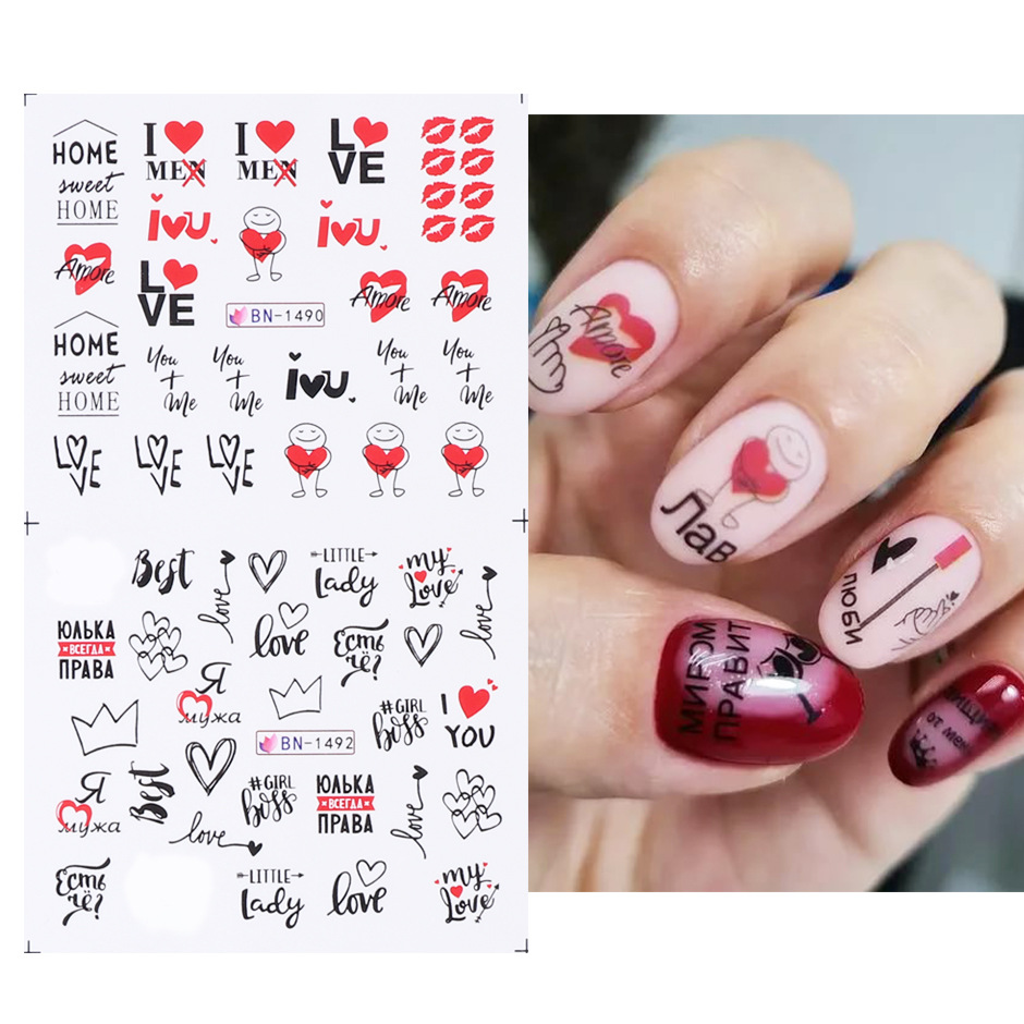 Cross-border source nail stickers Russian-style sexy red lip personalized foreign language nail watermark nail stickers Nail Specification image