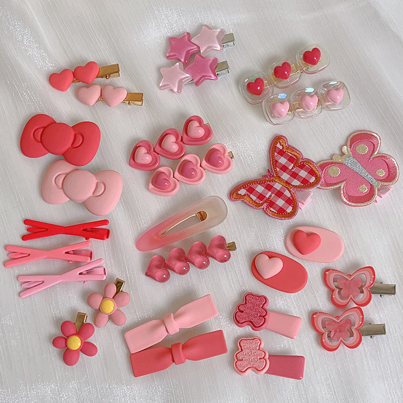 Pink heart-shaped hair clips with side clips on ins, cute duckbill clips for girls, hair accessories, wholesale Korean hair accessories
