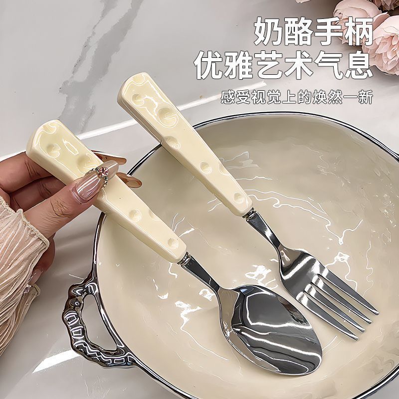 Cheese knife, fork and spoon set tableware, ceramic spoon, stainless steel, cute ins style, girl's fork set, high appearance level Application Scenario