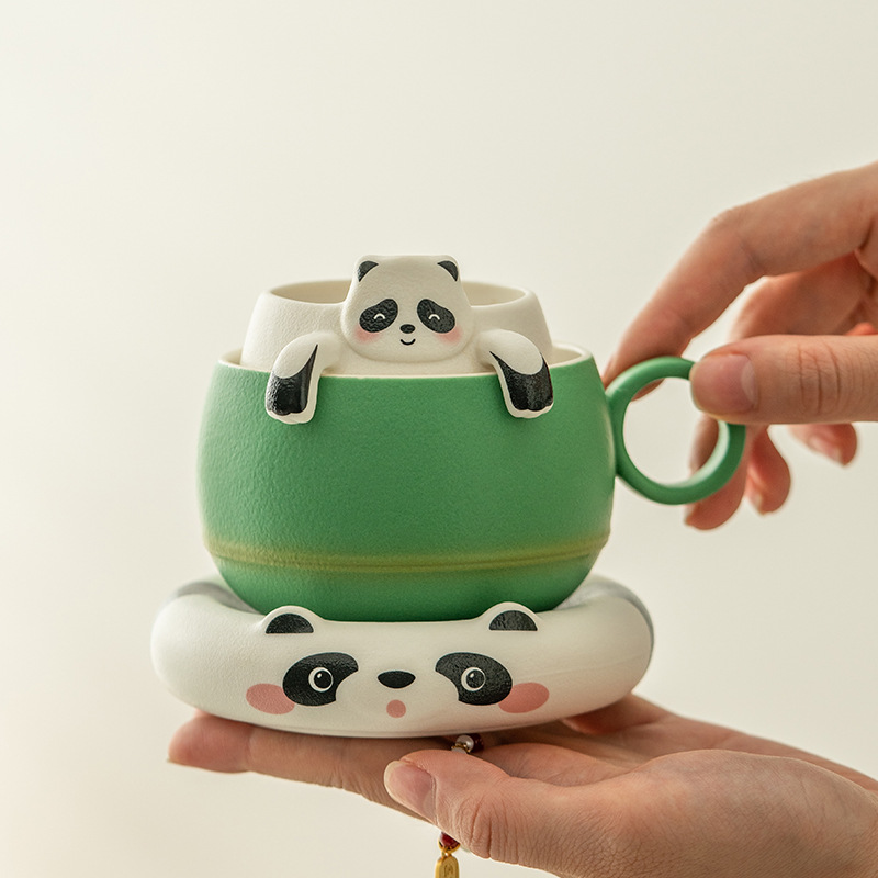 ins风熊猫马克杯陶瓷茶杯茶水分离杯创意杯过滤办公杯带盖咖啡杯